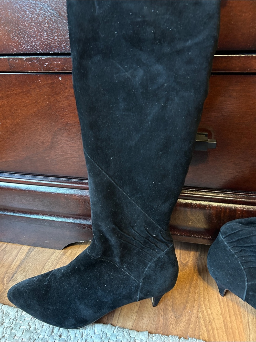 Black Suede Knee-High Kitten Heel Boot